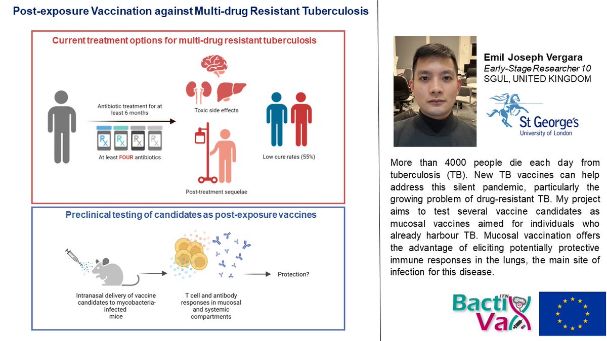 BactiVax's tweet photo. Emil Vergara from @StGeorgesUni and @BactiVax highlight their work on “Post-exposure Vaccination against Multi-drug Resistant Tuberculosis” #VaccinationWorks #WorldImmunisationWeek2023 @rea_Research @MSCActions https://t.co/pZ8Fl74ftf