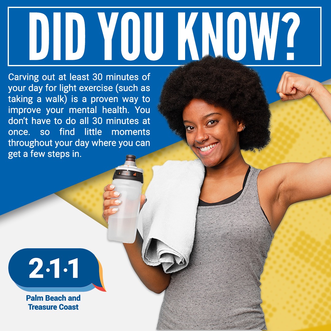 211_HelpLine's tweet photo. 🎽 #DYK Exercise isn't just good for your physical health - it can also improve your mental well-being! Just 30-minutes a day can make a difference, so get moving! #211helpline #socialservices #helpline #palmbeachcounty #treasurecost #exercise #mentalhealth #wellness #211 https://t.co/vvEIZhrq5X