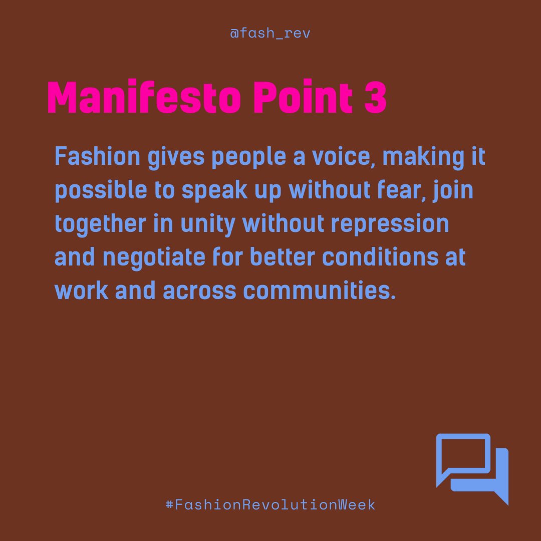 Fash_Rev's tweet photo. Welcome to day 5 of #FashionRevolutionWeek 🗓️

Today we’re zooming in on points 3 &amp; 5 of our manifesto, which focus on uplifting voices and championing diversity. 

What do these manifesto points mean to you? Let us know in the comments ⬇️

#WhoMadeMyFabric #GoodClothesFairPay https://t.co/19zcMjEVmB