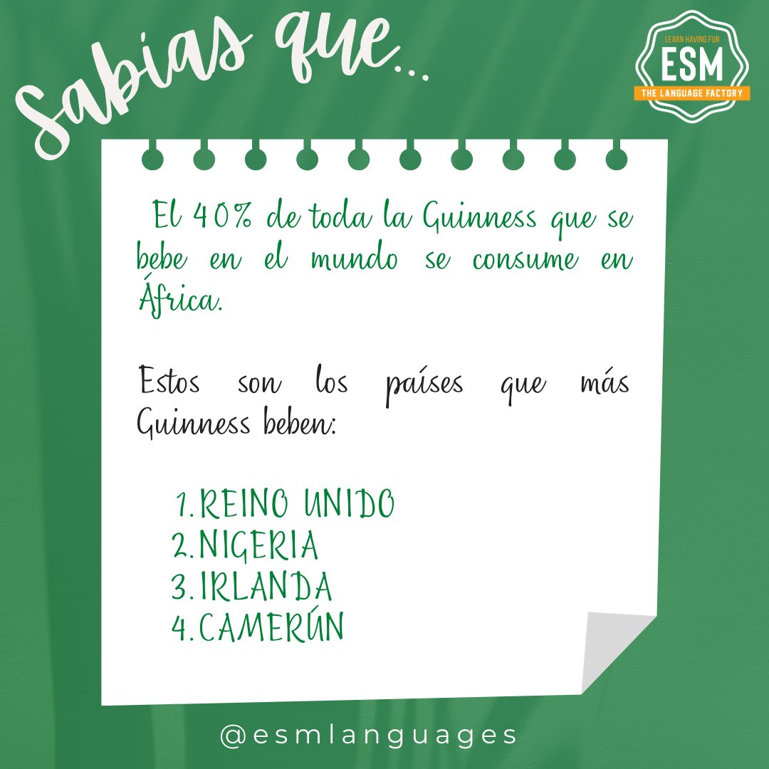 EsmLanguages's tweet photo. ¿Sabías que el 40% de toda la #Guinness que se bebe en el mundo se consume en África? En la 🖼️ mostramos los cuatro países que más "stout" consumen 💚
#ireland #irishpassion #academiamieres #improveyourenglish #cursosdeidiomasenelextranjero #aprendedivitirendote #esmlanguages https://t.co/mLYXu6ZIS0