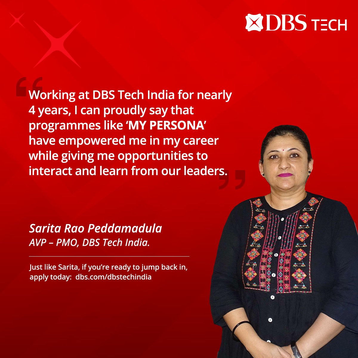 DBSBankIndia's tweet photo. "I started as a contract worker and am now a full-time employee at #DBSTechIndia. Besides the learning programmes, certifications like the scrum master certification ensure I continue to #GrowwithDTI," says Sarita Rao Peddamadula.
Apply today: https://t.co/xsBxveHJfx https://t.co/l02fyB7Cpl