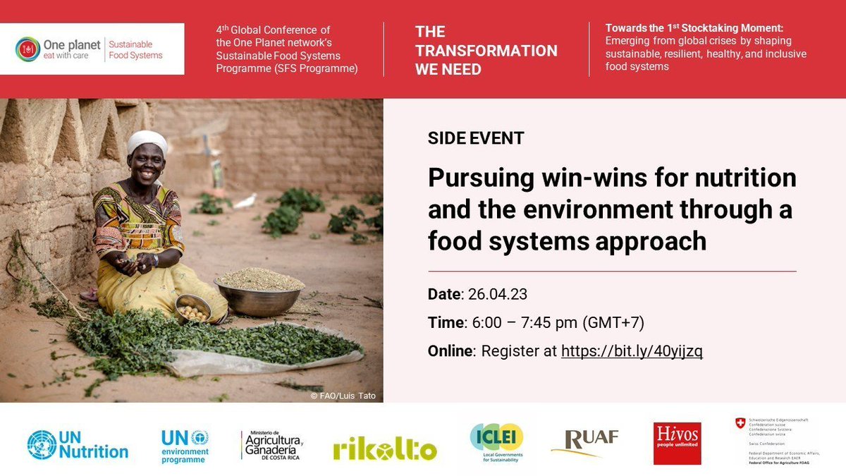 Food systems are at the heart 💚 of the #nutrition-environment nexus. 
TODAY join our virtual side event at the #SFSPConference &amp; learn more about local solutions from cities🌆 &amp; their surroundings to achieve sustainable #foodsystems! 

🕚 6pm (GMT+7)  
👉 bit.ly/40yijzq