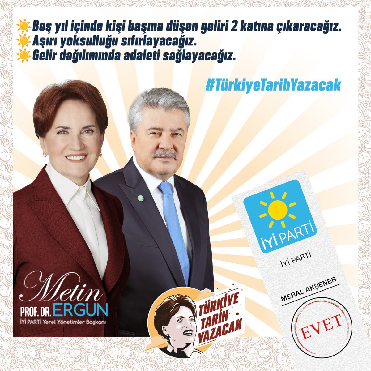 İYİ Parti ve Millet İttifakı olarak, iktidarımızda;

☀️Beş yıl içinde kişi başına düşen geliri 2 katına çıkaracağız.
☀️Aşırı yoksulluğu sıfırlayacağız.
☀️Gelir dağılımında adaleti sağlayacağız.

☀️Hep birlikte #TarihYazacağız!