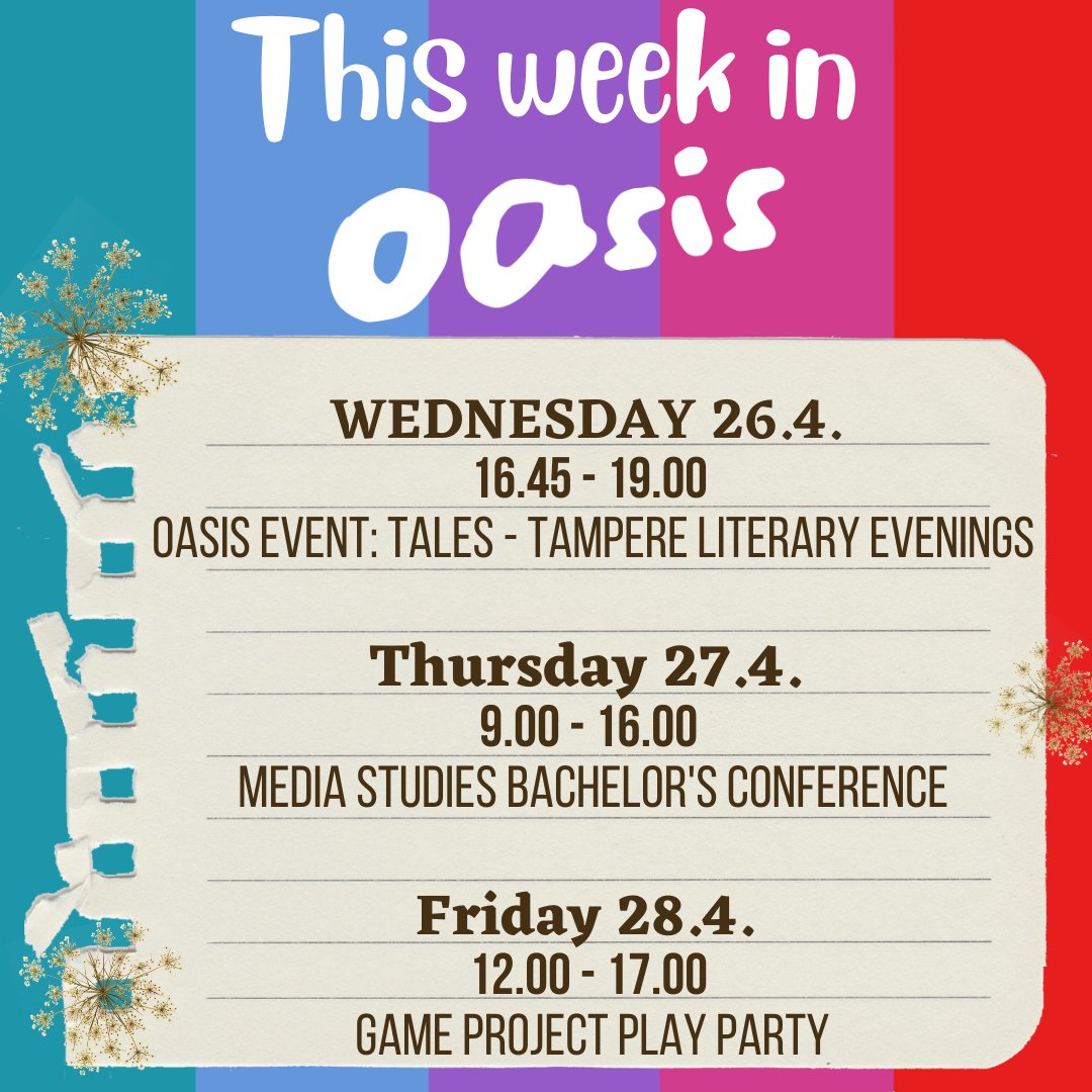 oasis_tuni's tweet photo. OASIS has a lot of events happening this week that are free and open to everyone, so be sure to come check them out!

#oasistuni #comics #gamestudies https://t.co/PUlRXBKFLa