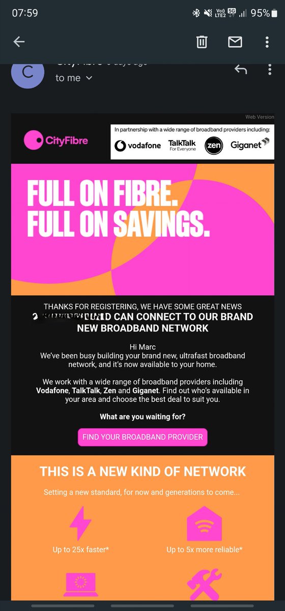Follow__Marc's tweet photo. Hello @CityFibre. I received this email last week regarding the full on fibre going live. However, when I visit your partners websites e.g @TalkTalk or @zenpartner, they still show only fttc is available. Any help would be appreciated. [Address removed from picture for safety] https://t.co/lUVu3XbuPB