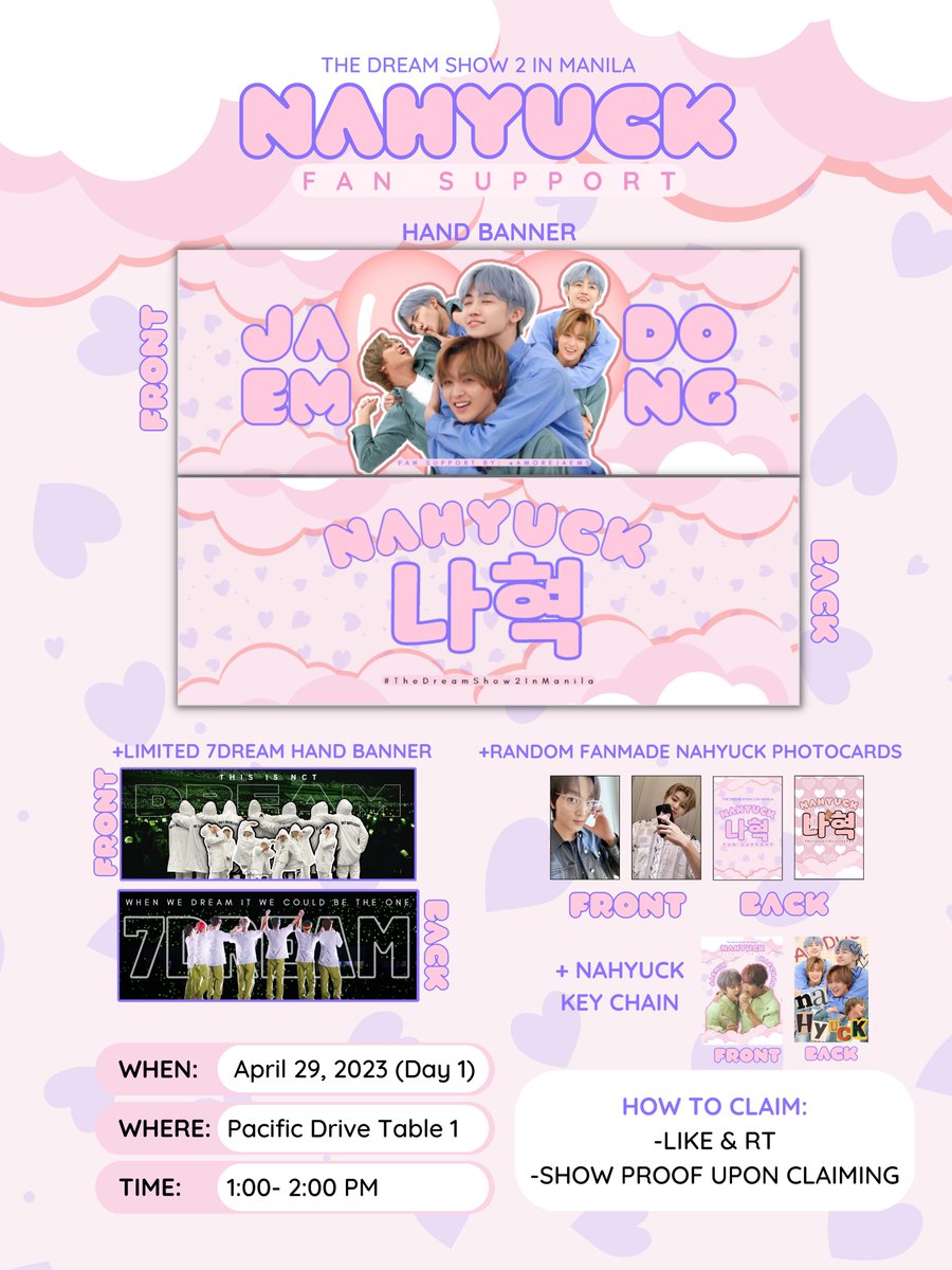 nhyucklvr's tweet photo. TDS2: In A Dream
#NaHyuck Fan Support

Hi, i will be in Pacific Driveway Table 1 with @stubbornRiRi &amp; @O54Xe on April 29, 2023 from 1-2 PM to give out banners (details below👇)

NOTE:
-you may show this twt or the one posted in my other accnt @amorejaems upon claiming.

See you! https://t.co/xuACyV5gwt