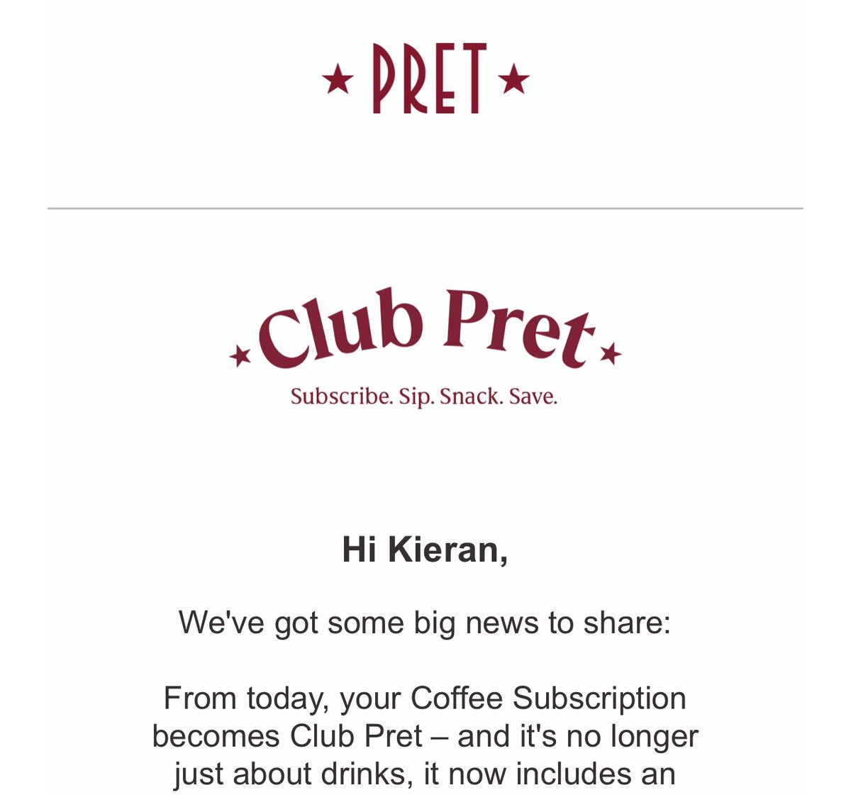 The year is 2032

Hi Kieran - from today your #ClubPret subscription is making the small increase to £1005. But don’t worry! We’ll now be able to include ICE with all iced coffee…