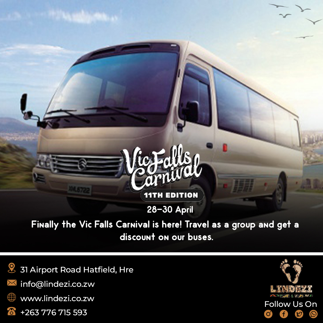 lindezi's tweet photo. The @VicFallCarnival  is here! Travel as a group and get a discount on our buses. Tell a friend to tell a friend!!!

Book now: DM us on +263776715593 , Call us on Tel:+263242572887, or Email: info@lindezi.co.zw

NB: Terms and conditions apply.

#VicFalls #Zimbabweans #travel https://t.co/jowZhG4T49