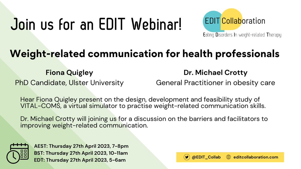 EDIT Collaboration (@edit_collab) on Twitter photo 24 hours left⚡️to register for EDIT's upcoming webinar!
Join us to hear from <a href="/FionaQuigs/">Fiona Quigley</a> and <a href="/DrMCrotty/">Michael Crotty</a> on weight-related communication for health professionals!
We will only be sharing the recording of the discussion so please join us LIVE tomorrow 👇tinyurl.com/3d2278pu 24 hours left⚡️to register for EDIT's upcoming webinar!
Join us to hear from <a href="/FionaQuigs/">Fiona Quigley</a> and <a href="/DrMCrotty/">Michael Crotty</a> on weight-related communication for health professionals!
We will only be sharing the recording of the discussion so please join us LIVE tomorrow 👇tinyurl.com/3d2278pu
