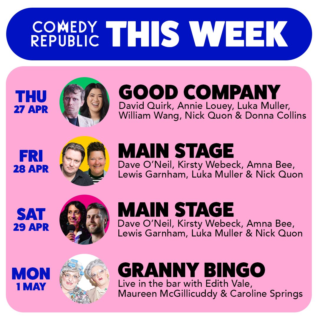 Festivals are fun, but we’re here all year round! 

This week, we’re presenting some of our favourite comedians on our signature lineup shows 🤩

Join <a href="/itsdaveoneil/">Dave O'Neil</a> @KirstyWebeck <a href="/annielouey/">Annie Louey</a> <a href="/LukaCMuller/">Luka Muller</a> <a href="/Mrdavidquirk/">David Quirk</a> and heaps more!

Get tickets now at comedyrepublic.com.au