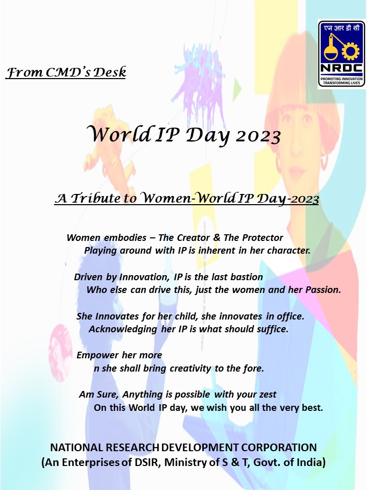 A tribute to Women on #WorldIPDay2023 from #NRDC @DrJitendraSingh @DrNKalaiselvi @PMOIndia @cgpdtm_india @NRDCIndia1953 @shekhar_mundada @deeptibharadwaj @CSIR_IND @unnatpandit @WIPO @uspto