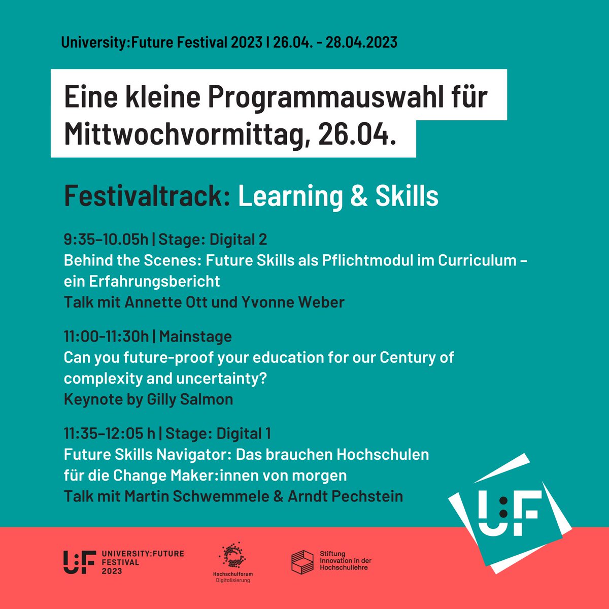 Bei so viel Programm fällt die Auswahl schwer. Was sind Ihre #UFFestival 2023-Highlights? Hier haben wir eine kleine Auswahl zum Thema #FutureSkills für den heutigen Mittwochvormittag zusammengestellt.

festival.hfd.digital

#DigitalTurn <a href="/inno_lehre/">Stiftung Innovation in der Hochschullehre</a>