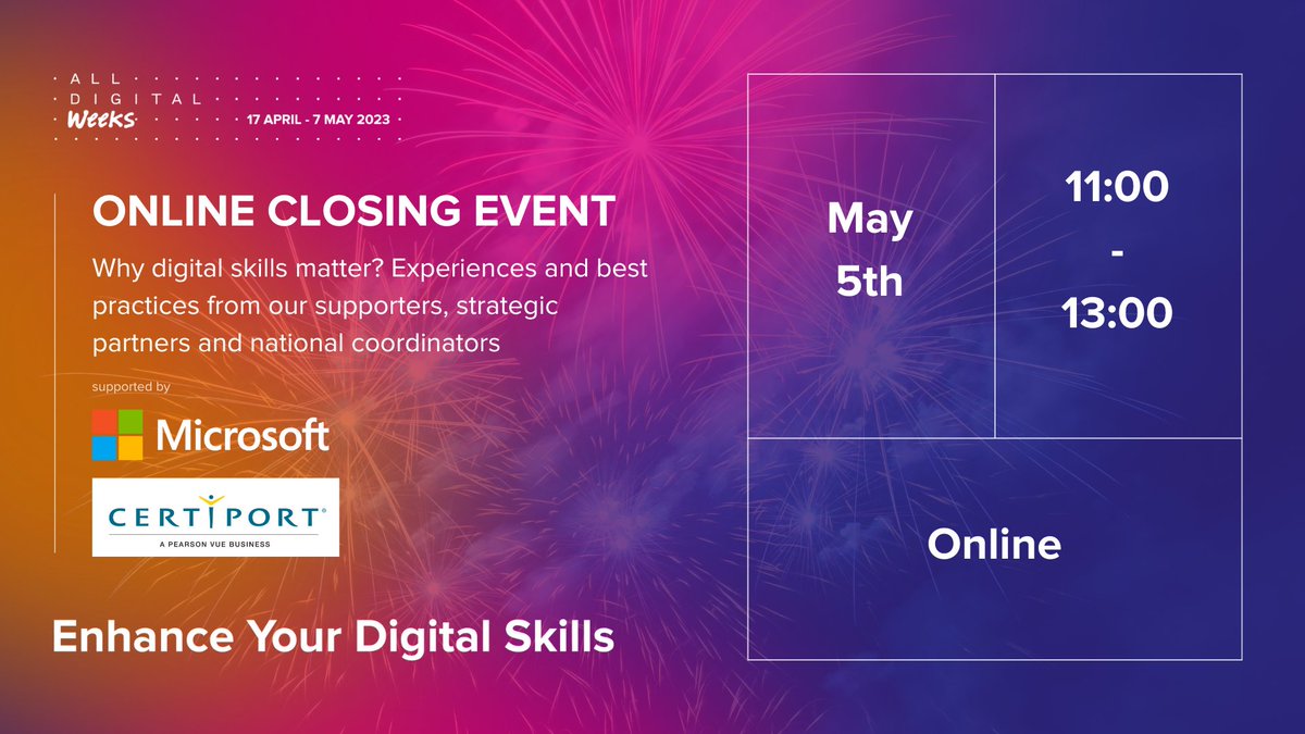 The closing event of the #AllDigitalWeeks 2023 campaign is approaching! 🎊

🌐We've been on a remarkable journey over last few days and we want to share our learnings with you on 5 may! #ADWeeks2023

🌟Join us while we share our final remarks! bit.ly/3V4UKwj