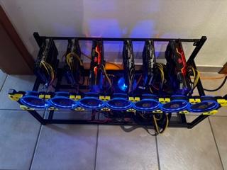 Fatzjam2017's tweet photo. the third and final mining  rack that I currently have.  It has 6 5700xt  GPUs https://t.co/sBzI6EtLmj