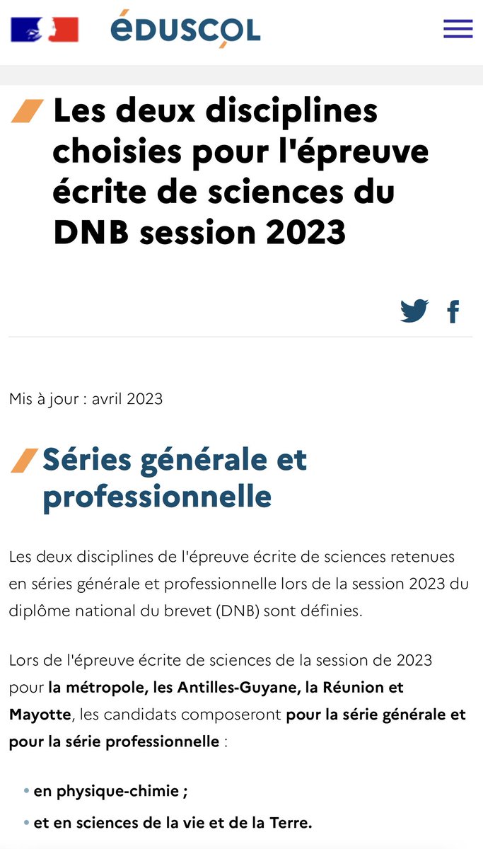 ⚠️📢 #DNB2023 #Sciences #SVT #Physique 📢⚠️

Les matières de l’épreuve de sciences du DNB en séries générale et professionnelle ont été choisies :
- physique-chimie ;
- sciences de la vie et de la Terre.

➡️ eduscol.education.fr/1937/les-deux-…