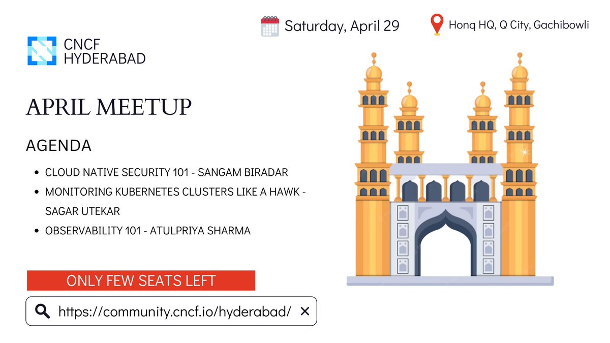 We're just 3 days away from the meetup & here's the agenda 🗓️

- Cloud Native Security 101 - @sangamtwts 
- Monitoring Kubernetes - @me_sagar_utekar
- Observability 101 - @TheTechMaharaj 

Register fast 👇community.cncf.io/events/details…

#CNCFHyderabad #Meetup @CloudNativeFdn