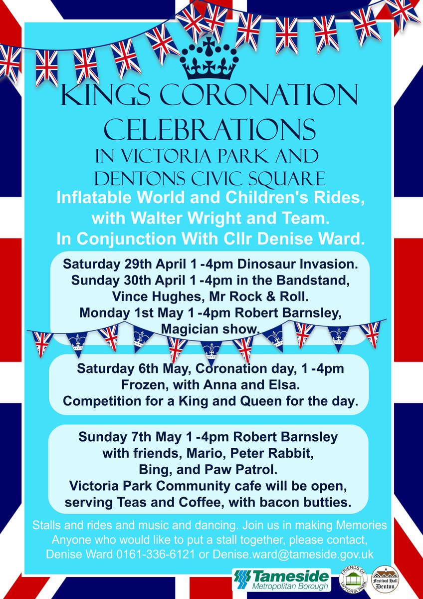 Dates for your Diary #Denton delivers #KingsCoronation #celebrationtime <a href="/WeActTogether/">Action Together</a> <a href="/Dentonmanc/">What about Denton</a> @GMPTamesideS <a href="/DWCommunityCent/">Denton West Community Centre</a> <a href="/Cllrdeniseward/">Cllr Denise ward</a> @GwynneMP <a href="/irwellvalley/">Irwell Valley Homes</a> <a href="/Jigsaw/">Jigsaw</a> <a href="/TamesideCouncil/">Tameside Council</a> #CommunityFirst “Friends of Victoria Park”🇬🇧