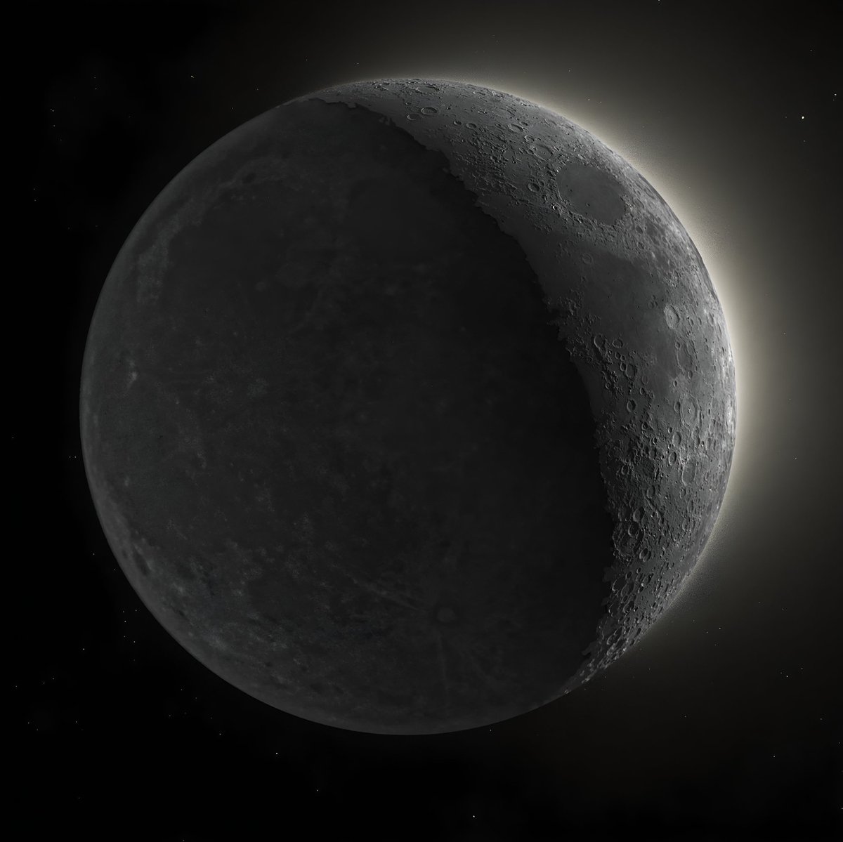 Cosmos_IX_'s tweet photo. #Lunar image with a new technique I’m trying to see how far I can push details. This image consists of both the lit and un-lit sides of the moon along with the surrounding stars. The image also shows the moons natural glow that is shown with this editing process I’m trying.

Now that I have figured out how to have the illuminated and unlit sides of the moon with the surrounding stars all in one image I’m seeing how far I can push the details. The difference in capturing this image is I used two different setups. The larger scope I took 10k frames on half of the illuminated side of the moon then did the same with the other side. After processing the two sides I stitched the two sides together to make one large crescent moon photo with extreme detail. 

The smaller setup was used to capture the entire moon and surrounding area in one frame and took 5k total frame but at a longer exposure time for each frame. This allows me to get a more data and a less noisy image without need as many frame, also helps with darker image. 

Since the two images are completely different sizes I had to raise the resolution of the dark image to match the illuminated image. After I finish editing both images I then combine the two so you can see both sides of the moon along with the surrounding stars. The final image is a 213MB image where you can zoom into the lunar surface and look at the beautiful craters. I’m not sure if Twitter will compress the images or not so I might put a link to download the images.

Equipment 
Illuminated moon
@oriontelescopes Rc8 carbon fiber
@zwoasi 533mc pro cooled camera 
L-pro light pollution filter
@iOptronCorp gem45ec-nuc mounted
Zwo ADC

Dark moon
@SkyWatcherUSA Evostar 72 APO refractor scope
Asi 533mc pro cooled camera
Orion 0.8 reducer 
Ioptron gem45ec-nuc mount 
Zwo ADC

Software 
PIPP, Autostakkert, Registax, photoshop

#moon #photography #Astrophotography #astronomy #space #nasamoonsnap @NASAArtemis @NASAMoon @apod