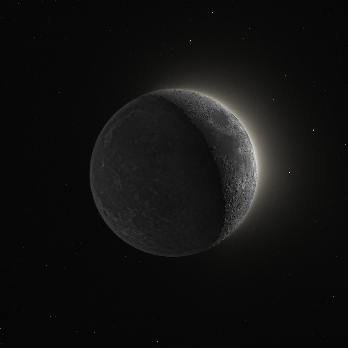 Cosmos_IX_'s tweet photo. #Lunar image with a new technique I’m trying to see how far I can push details. This image consists of both the lit and un-lit sides of the moon along with the surrounding stars. The image also shows the moons natural glow that is shown with this editing process I’m trying.

Now that I have figured out how to have the illuminated and unlit sides of the moon with the surrounding stars all in one image I’m seeing how far I can push the details. The difference in capturing this image is I used two different setups. The larger scope I took 10k frames on half of the illuminated side of the moon then did the same with the other side. After processing the two sides I stitched the two sides together to make one large crescent moon photo with extreme detail. 

The smaller setup was used to capture the entire moon and surrounding area in one frame and took 5k total frame but at a longer exposure time for each frame. This allows me to get a more data and a less noisy image without need as many frame, also helps with darker image. 

Since the two images are completely different sizes I had to raise the resolution of the dark image to match the illuminated image. After I finish editing both images I then combine the two so you can see both sides of the moon along with the surrounding stars. The final image is a 213MB image where you can zoom into the lunar surface and look at the beautiful craters. I’m not sure if Twitter will compress the images or not so I might put a link to download the images.

Equipment 
Illuminated moon
@oriontelescopes Rc8 carbon fiber
@zwoasi 533mc pro cooled camera 
L-pro light pollution filter
@iOptronCorp gem45ec-nuc mounted
Zwo ADC

Dark moon
@SkyWatcherUSA Evostar 72 APO refractor scope
Asi 533mc pro cooled camera
Orion 0.8 reducer 
Ioptron gem45ec-nuc mount 
Zwo ADC

Software 
PIPP, Autostakkert, Registax, photoshop

#moon #photography #Astrophotography #astronomy #space #nasamoonsnap @NASAArtemis @NASAMoon @apod