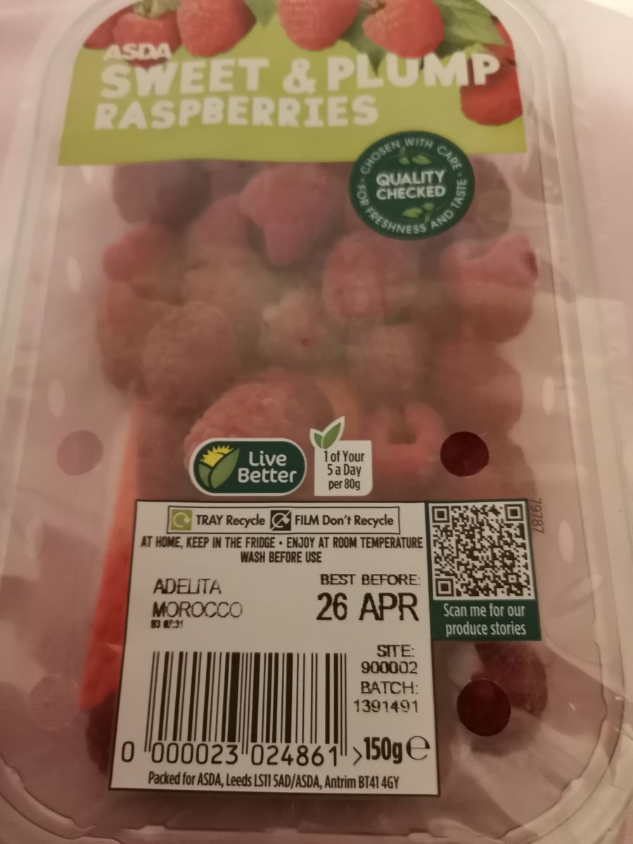 foxie68's tweet photo. @asda was looking forward to raspberries for breakfast this morning.  Bit of a treat as like everything else prices are up.  Sadly though all ready mouldy despite having today's date &amp; being stored in the fridge. 😥 https://t.co/UIIrn5CZkB