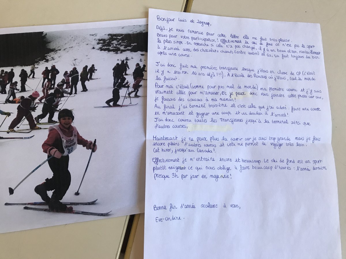 hautsdebienne's tweet photo. Bonjour aujourd'hui nous avons reçu une lettre de Eve Ondine Duchaufour pour notre article sur la Transjujeunes et les champions pour le journal des Twittclasses. Nous sommes très contents et on la remercie beaucoup!
Luis et Zaynap 
cc @JdTwittclasses @LaTransju https://t.co/1rU1Z7XfEv