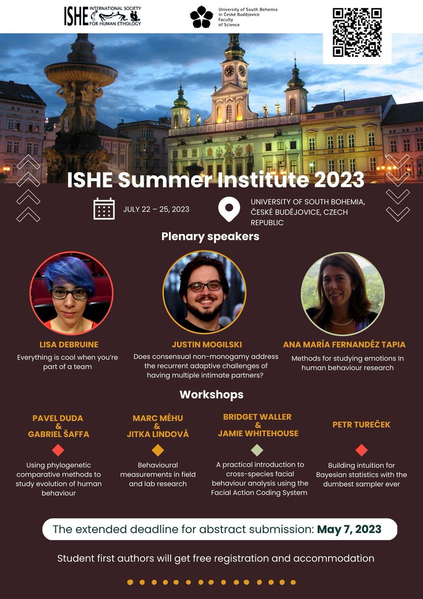 HumanEthologyCZ's tweet photo. The deadline for abstract submission for ISHE Summer Institute was extended till May 7, 2023. Join us for great plenary talks and workshops! Student first authors will get free registration and accommodation. https://t.co/gXWoWOIBEr
@ISHE_society #ISHE2023 https://t.co/98MF56zhNV