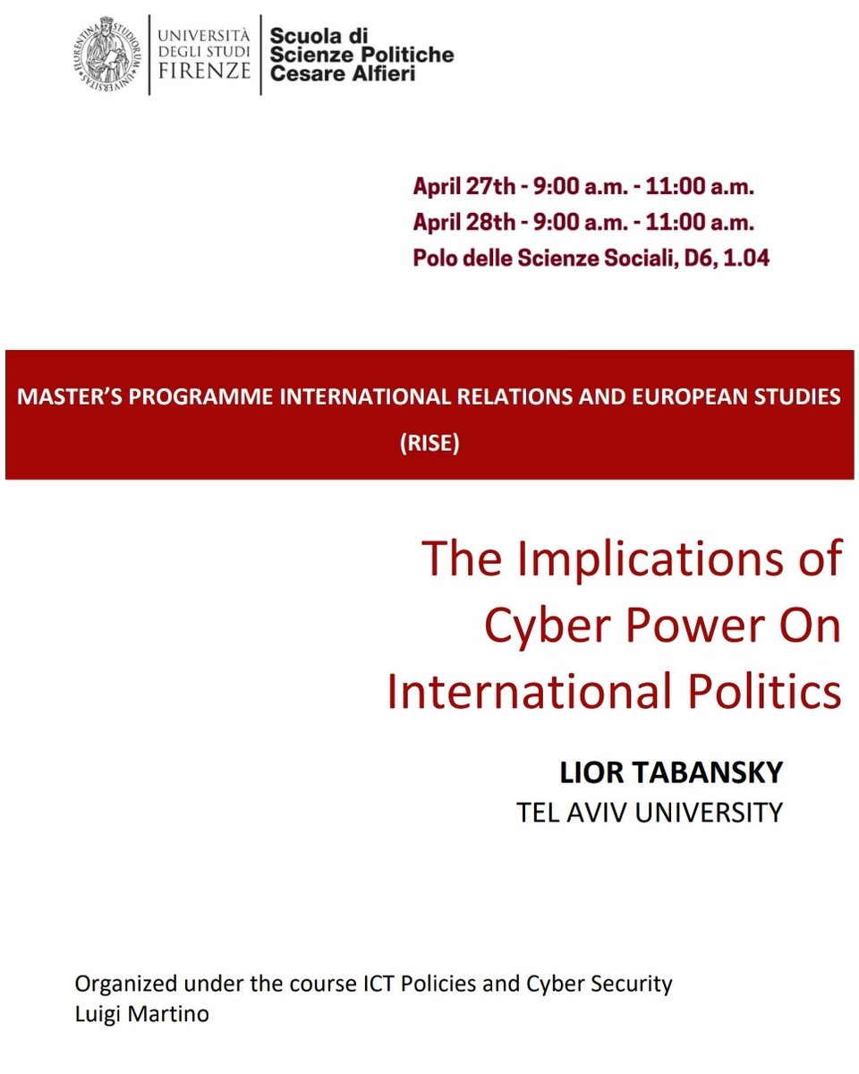 CSSII_Strategy's tweet image. ⚠️ You don't want to miss this ⚠️
We are pleased to announce that Professor Luigi Martino will host a Lecture of Lior Tabansky on "The implications of Cyber power" under the MA Course in ICT Policies and Cybersecurity.
#cybersecurity #cyberpower