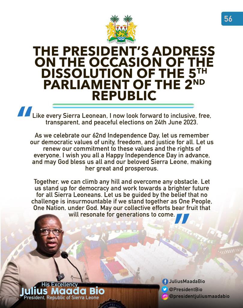 julius_maadabio's tweet photo. Excerpts of my Message on the Occasion of the Dissolution of the Fifth Parliament of the Second Republic of Sierra Leone: 25/04/2023
#TheNewDirectionAgenda
#SLPP4DEVELOPMENT
#5Done5MoreToGo https://t.co/RFq8pmlQID