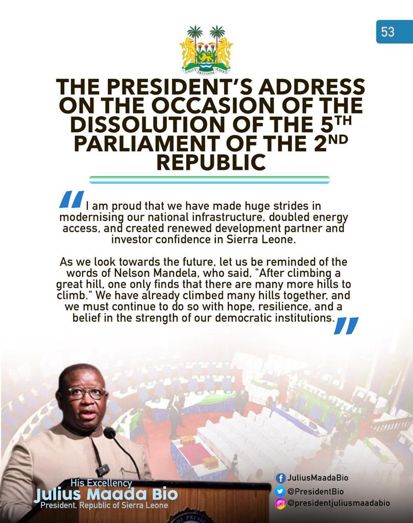 julius_maadabio's tweet photo. Excerpts of my Message on the Occasion of the Dissolution of the Fifth Parliament of the Second Republic of Sierra Leone: 25/04/2023
#TheNewDirectionAgenda
#SLPP4DEVELOPMENT
#5Done5MoreToGo https://t.co/RFq8pmlQID