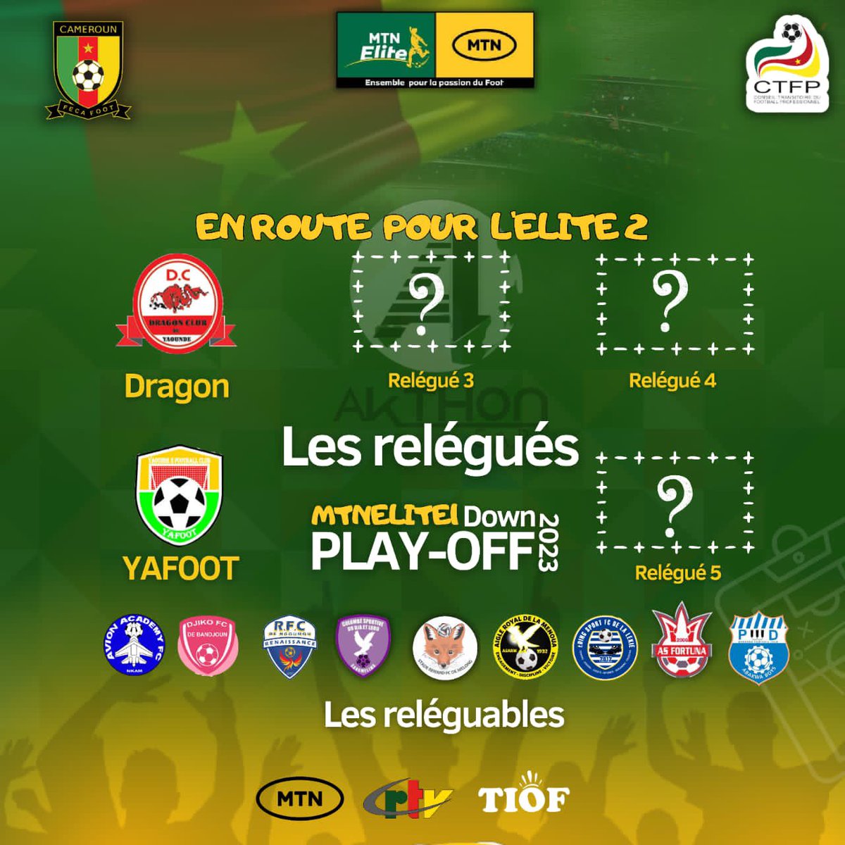 🚨🚨🚨#INSTANTS_MTN_ELITE_ONE🇨🇲🔥🔥🔥 Dragon de Yaoundé et Yafoot sont déjà relégués en division inférieure.

Moins 3 places pour 9 clubs.

Quels seront les trois (3) clubs qui vont suivre les deux (2) autres en #MTNEliteTwo ?   🏃🏾‍♂️ 🏃🏾‍♂️🏃🏾‍♂️