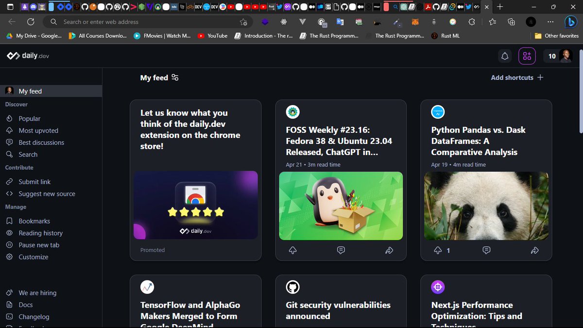 gatere_mark's tweet image. If you enjoy reading technical articles/blog posts, I find no better browser extension than @dailydotdev 🔥
One gets a personalized feed for all the knowledge one needs, which I find being super cool...💫
I have been using it for some time now👌
#100DaysOfCode 
#CodeNewbie
