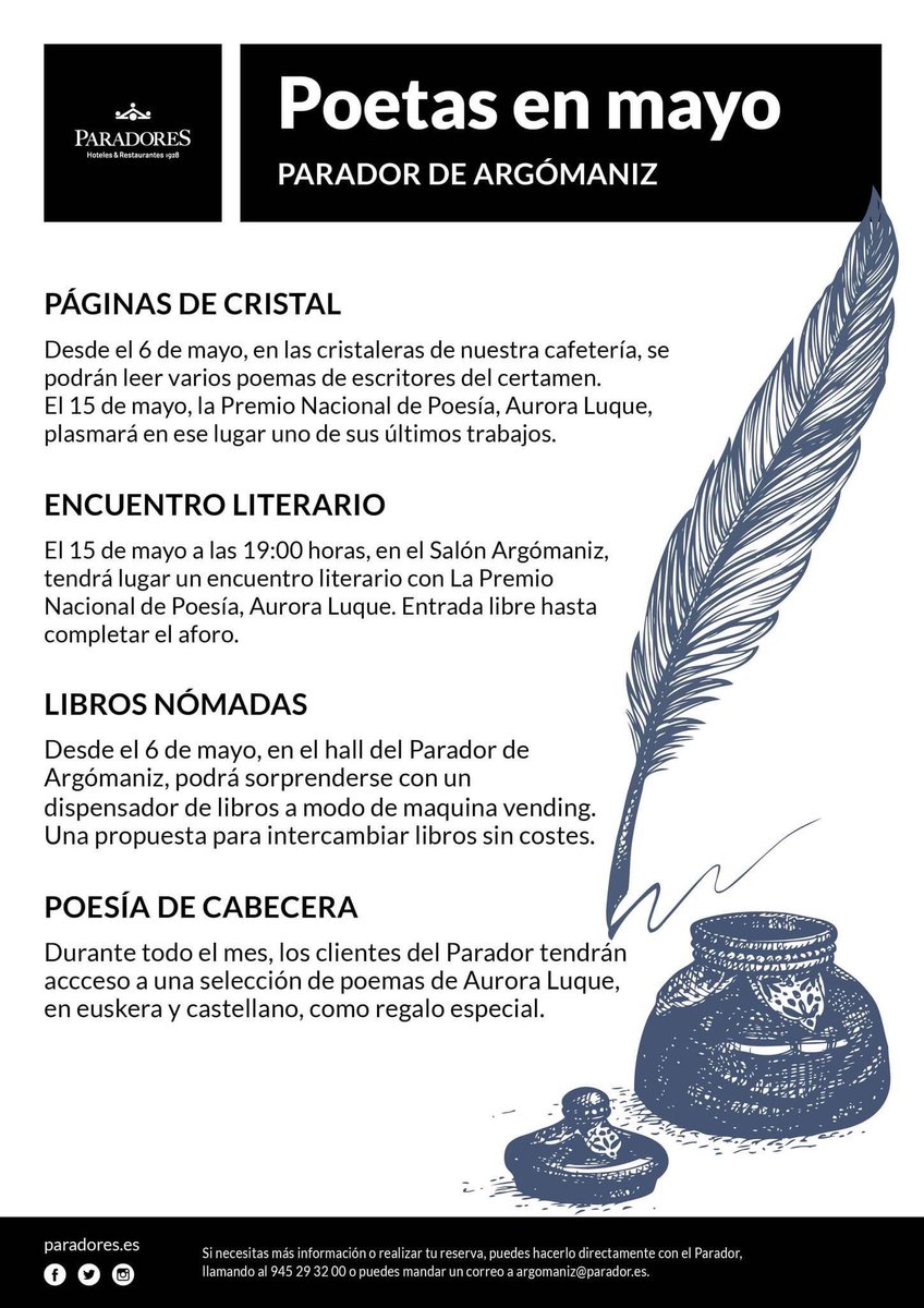 TheQuinval's tweet photo. El @paradores de #Argomaniz , dentro del Festival Internacional “Poetas en Mayo” ha organizado una seria de actos que te dejamos en esta imagen, pero te recomendamos visitar la web del certamen. #Argomaniz y su Parador con la cultura. https://t.co/Vz6kcbhsLl