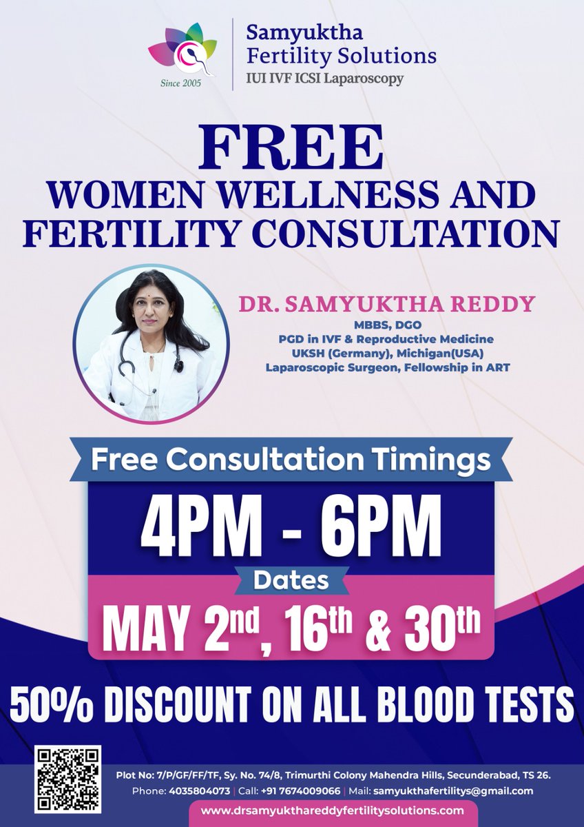 Free Consultation for Women, Hurry Up  Register Now
#freefertilitycamp #freeconsultation #fertilityclinichyderabad #fertilityclinic #freecamps #freemedicalcamps #medicalcamphyderabad #freemedicalcamphyderabad #hyderabad 
 #fertilitycamps #samyukthafertility #fertilityhospital