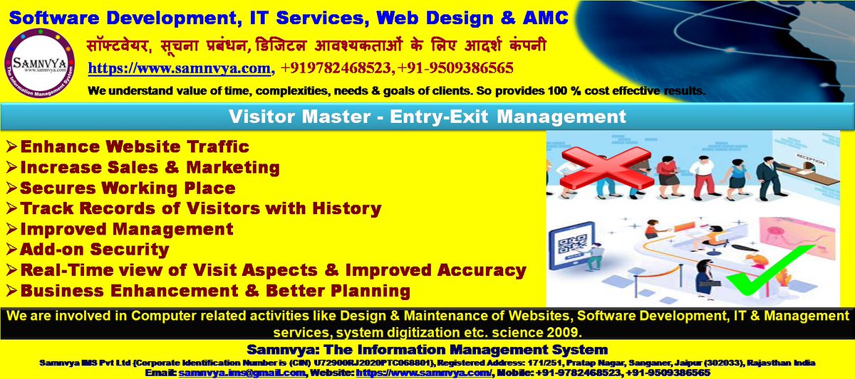 SamnvyaIMS's tweet photo. Software Development, IT Services, Web Design &amp; AMC
By
Samnvya: The Information Management System
Samnvya IMS Pvt Ltd {Corporate Identification Num. (CIN) U72900RJ2020PTC068801}
Email: samnvya.ims@gmail.com, Website: https://t.co/mzwqrAnYp6
Mobile: +91-9782468523, +91-9509386565 https://t.co/4LvCtUXyFx