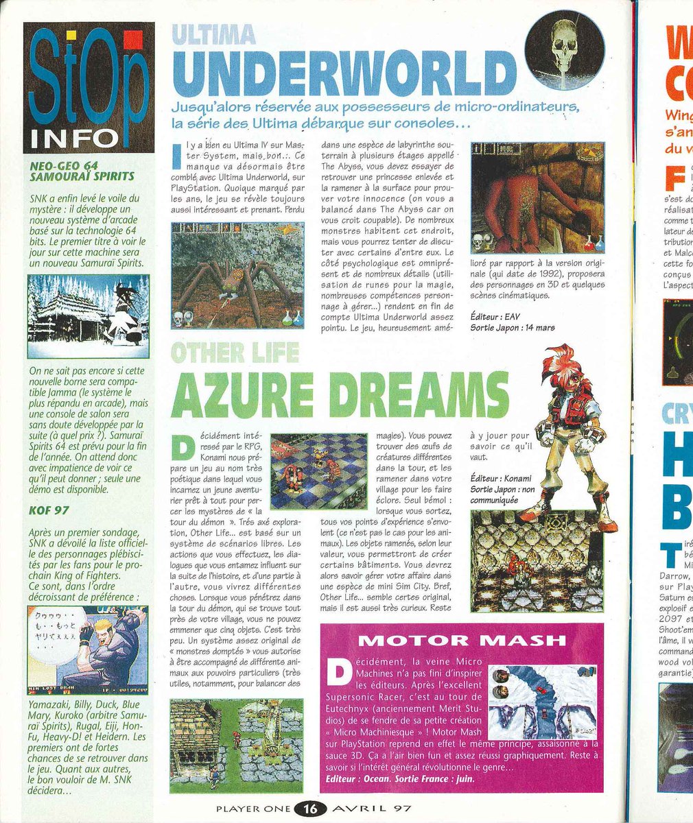 AllmightoFranky's tweet photo. #Nostalgeek le n°74 de #PlayerOne d'avril 1997,des news avec #Tobal2 et l'arrivée de #Soulblade sur #Playstation.Interview inutile mais j'avais envie de #OphélieWinter,et les tests de #CoolSpot goes to hollywood sur #Saturn et #PS1 et #MicroMachine sur play!#retro #retrogaming https://t.co/zYHVOjf9z0