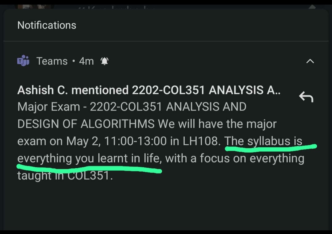 sharmaharisam's tweet photo. CS dept profs when asked the syllabus for any exam: https://t.co/m3oelMQxMA