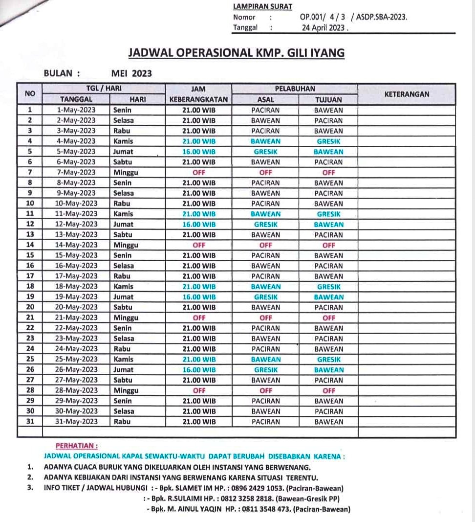 Update jadwal kapal KMP Gili Iyang bulan Mei 2023.

Ayo Ke Bawean!