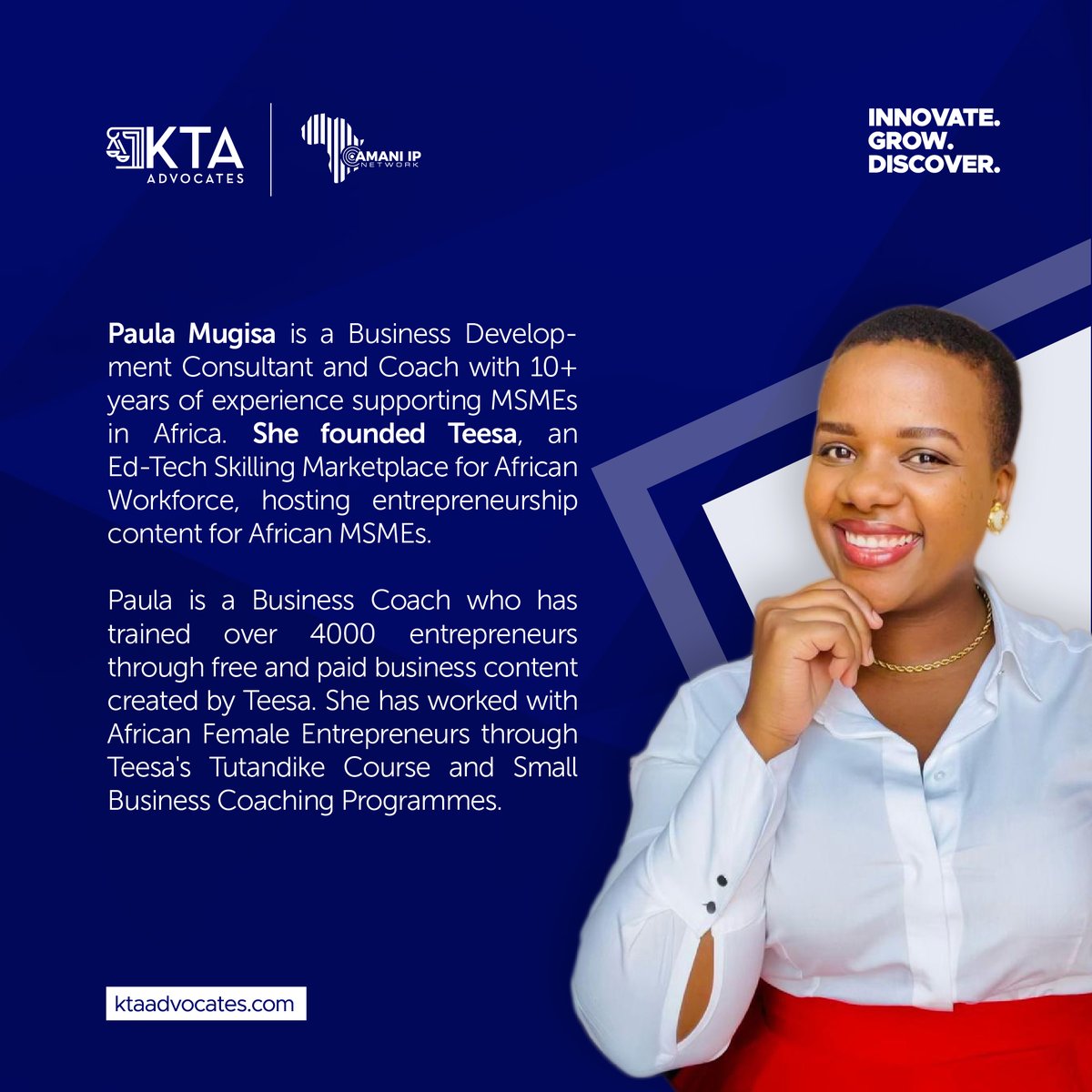 kta_law's tweet photo. In celebration of #WorldIPDay, we recognize Paula Mugisa, the Ugandan innovator who founded Teesa, an ed-tech skilling marketplace that supports MSMEs in Africa through free and paid business content, training over 4,000 entrepreneurs.

#WomenInIP #WorldIPDay https://t.co/ZCG70KNvmx