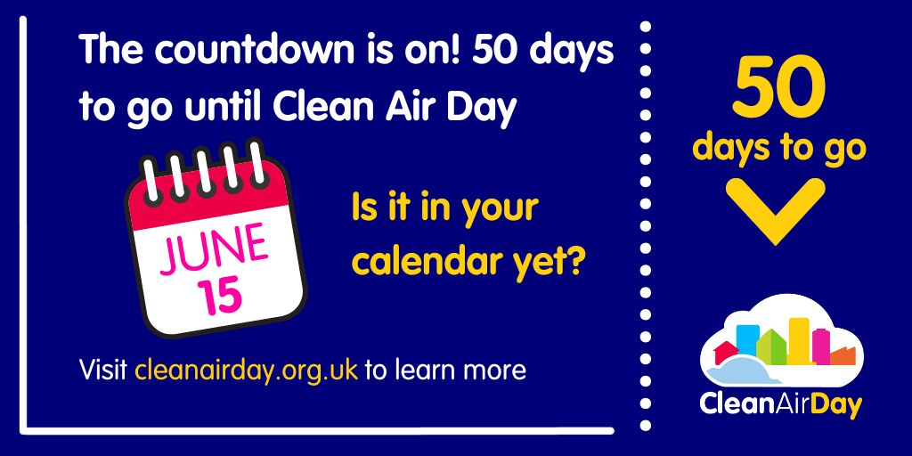 cleanairdayuk's tweet photo. The countdown is on! 50 days to go until the UK's largest campaign on #AirPollution 🎊 

Is June 15 in your diary yet?  

Find out more about #CleanAirDay and let us know what you are planning for the day 💥 https://t.co/fCHNgrF0O3 #AirQuality https://t.co/AOBEejqmMS