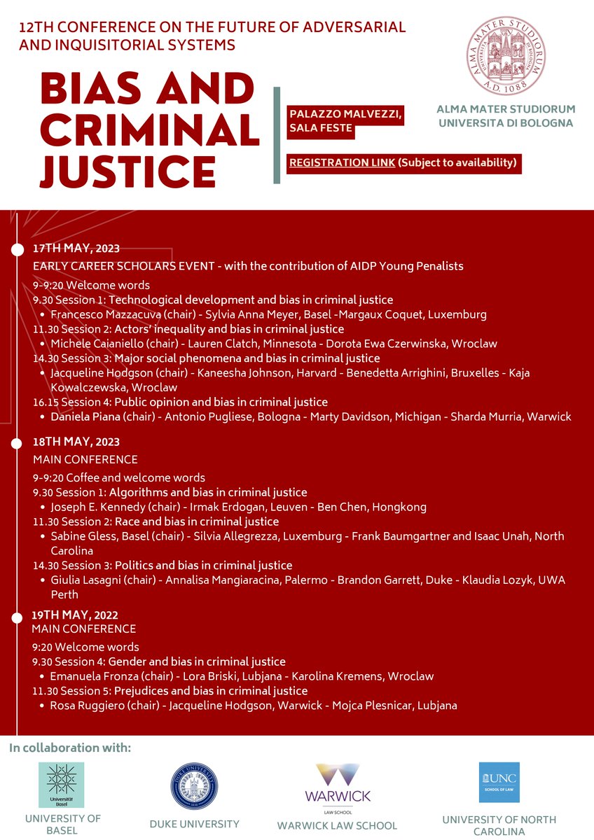 penalists's tweet photo. Please check out the programme of the early career scholars panel, at the 12thConference on the Future of Adversarial and Inquisitorial Systems, which will take place at the University of Bologna on the 17th of May 2023 on the topic “Bias in Criminal Justice”. https://t.co/ysUGDbfMNq