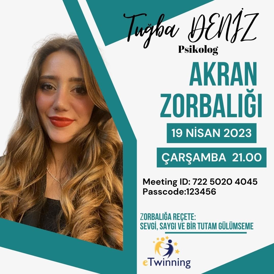 "Recipe to Bullying; Love, Respect and a Pitch of Smile" eTwinning projemiz kapsamında webinar düzenlendi. Akran zorbalığı konusunda veli ve öğrencilerimiz bilgilendirildi. <a href="/eTwinningDestek/">eTwinning Projects Dissemination</a> <a href="/IzmirEtwinning/">eTwinning İzmir</a> <a href="/tretwinning/">eTwinning Türkiye</a> <a href="/35aliaga_MEM/">Aliağa ilçe M.E.M</a>
