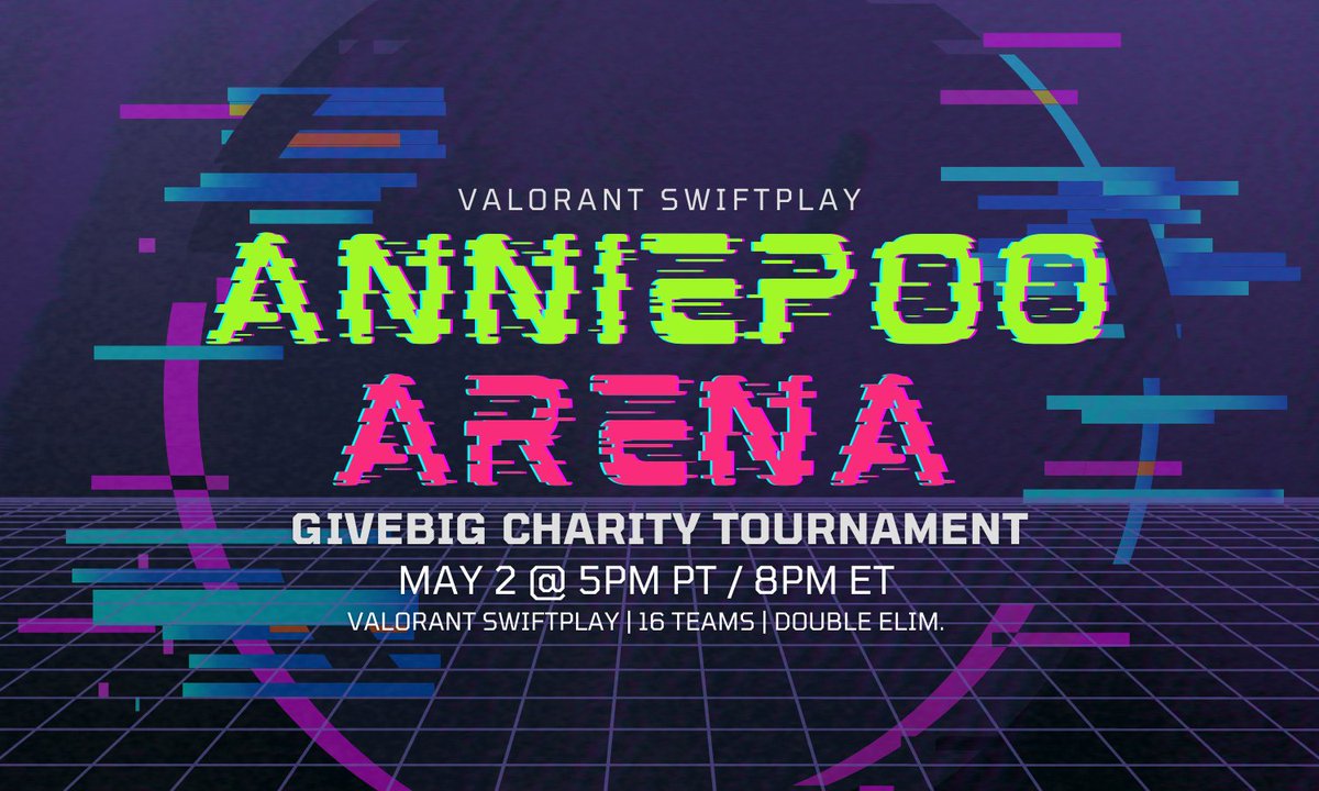 ✨ Welcome to #AnniepooArena ✨

Ready for a #GiveBIG charity VALORANT tourney? 👀

🔫 VALORANT Swiftplay // Double Elim.
📆 Tues. May 2 @ 5pm PT
💰 $100 - 1st Place
🏆 Any & All Ranks Welcome
💖Help us meet our $1,000 fundraising goal!
🔗Info & Register: discord.gg/9Kf9Cbja6u