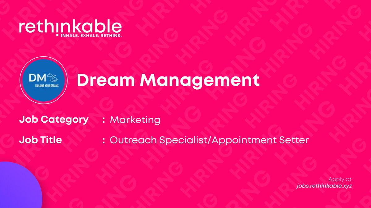 rethinkablejobs's tweet photo. We're looking for a Outreach Specialist/Appointment Setter

Are you looking for a Web3 job? @Dr3amManagement have posted a new job opening on Rethinkable that you can apply to. Links below.

Apply at https://t.co/guxZ390tfW https://t.co/yytZqyT6xg