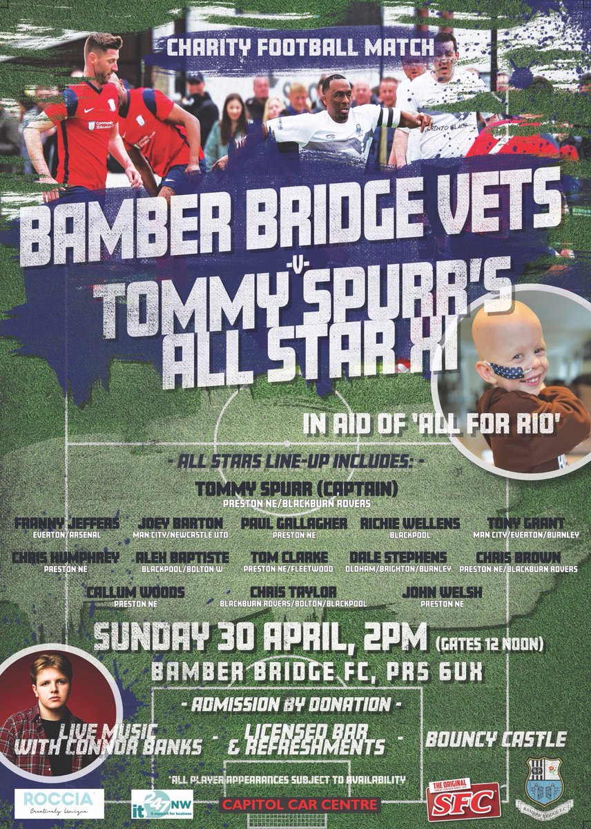 BamberBridgeFC's tweet photo. Fancy another football fix at Irongate before the playoff final? This Sunday our @BamberVets are taking on @TommySpurr5’s All Star XI for charity. There’s also live music with @Connor_Banks_, a bouncy castle &amp; kids rides. Gates 12, kick off 2pm. Admission by donation #UpTheBrig https://t.co/Cd37GEVDTa