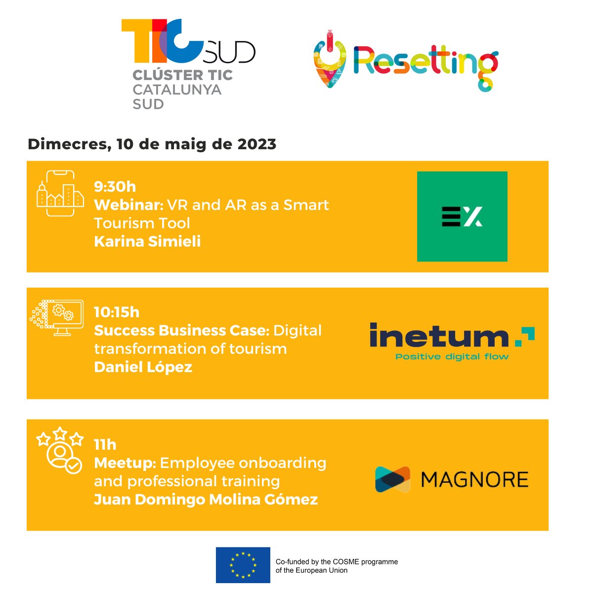 TICSud's tweet photo. 💡‼️Nous #Webinars #ResettingEU amb empreses de la #ComunitatTICSud!

📅10/5/23
👉Per pimes turístiques d'Espanya, Portugal, Itàlia, Albània i Grècia!  

⬇️ Inscripcions ⬇️
⭐️#Expacia: https://t.co/ECv39tQsCN
⭐️#Inetum: https://t.co/sf4PzDX0cm
⭐️#Magnore: https://t.co/HNP5G6OCBZ https://t.co/qMTSpmrdD0