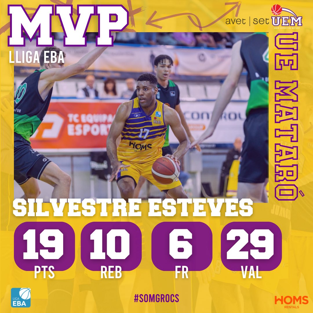 🔥 𝗝𝗨𝗚𝗔𝗗𝗢𝗥 𝗗𝗘𝗦𝗧𝗔𝗖𝗔𝗧 | #EBA 

🍿 Partidàs del nostre exterior en el darrer partit de lliga regular al Mora!

⭐️  SILVESTRE ESTEVES-GARCIA COFFI
🎯 19 punts
💪🏼 10 rebots
🤌🏻 6 Faltes Rebudes
📊 29 de valoració
 
#somgrocs💛💜