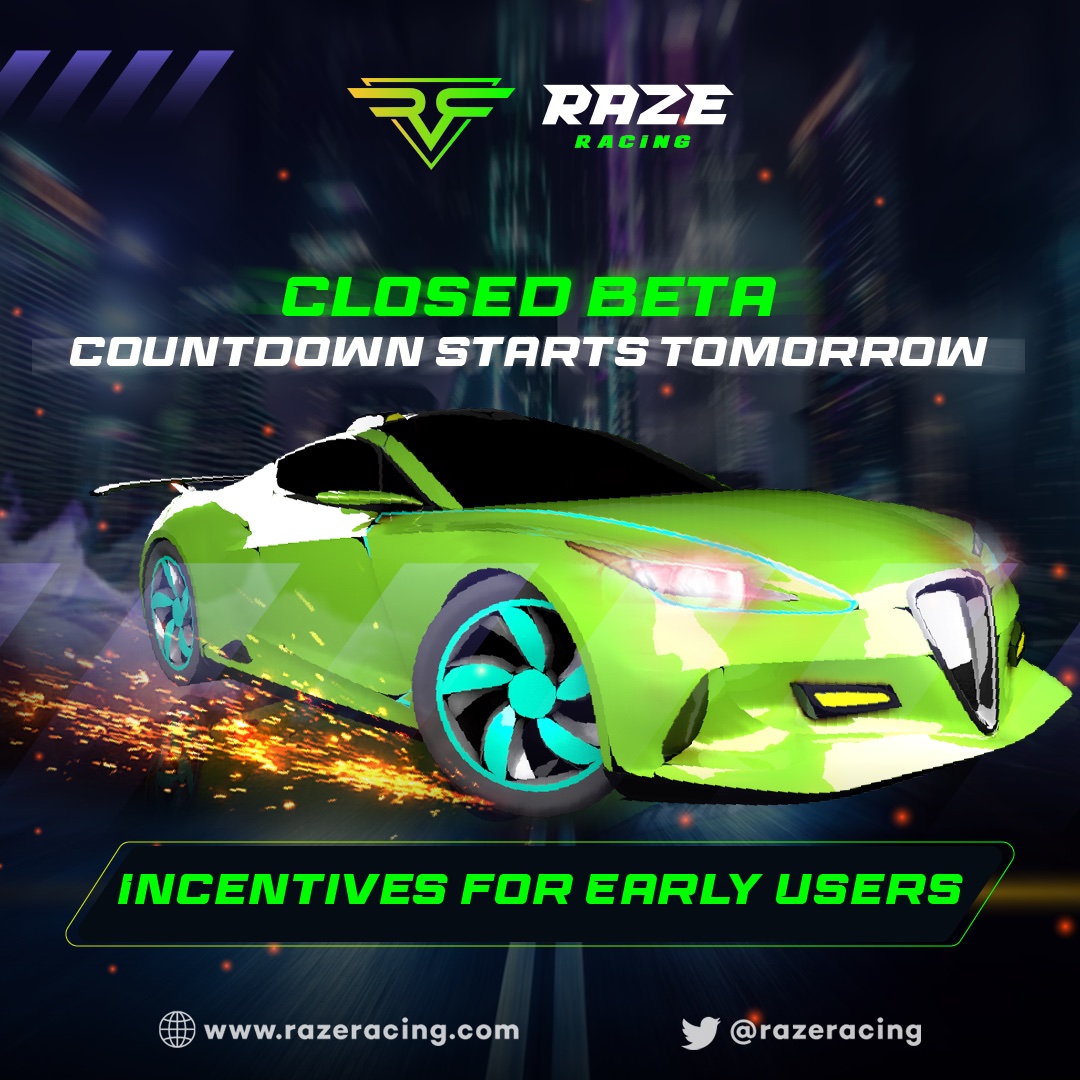 🏁Raze Racing Beta Countdown starts TOMORROW! 🔥Be one of the first to experience the thrill of #RazeRacing 🏎️💨
🎁Exclusive incentives for early users, more details coming soon!

Don't miss out: Join the #waitlist NOW! 
👉razeracing.com

#ClosedBeta #GameFi #Play2Earn