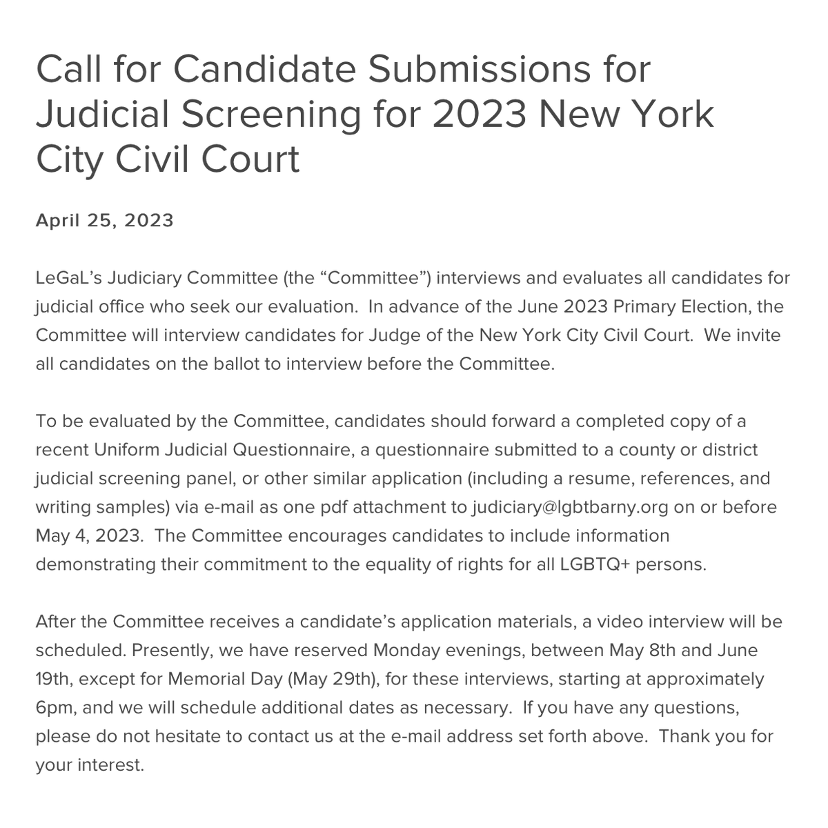 lgbtbarny's tweet photo. We invite all candidates for Judge of the NYC Civil Court in the June 2023 Primary Elections to interview before our Judiciary Committee. Applications are due May 4. Contact judiciary@lgbtbarny.org for more information. https://t.co/xxnWNNj2iI