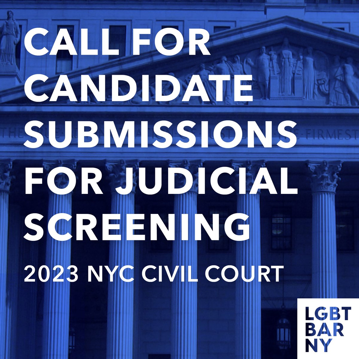 lgbtbarny's tweet photo. We invite all candidates for Judge of the NYC Civil Court in the June 2023 Primary Elections to interview before our Judiciary Committee. Applications are due May 4. Contact judiciary@lgbtbarny.org for more information. https://t.co/xxnWNNj2iI