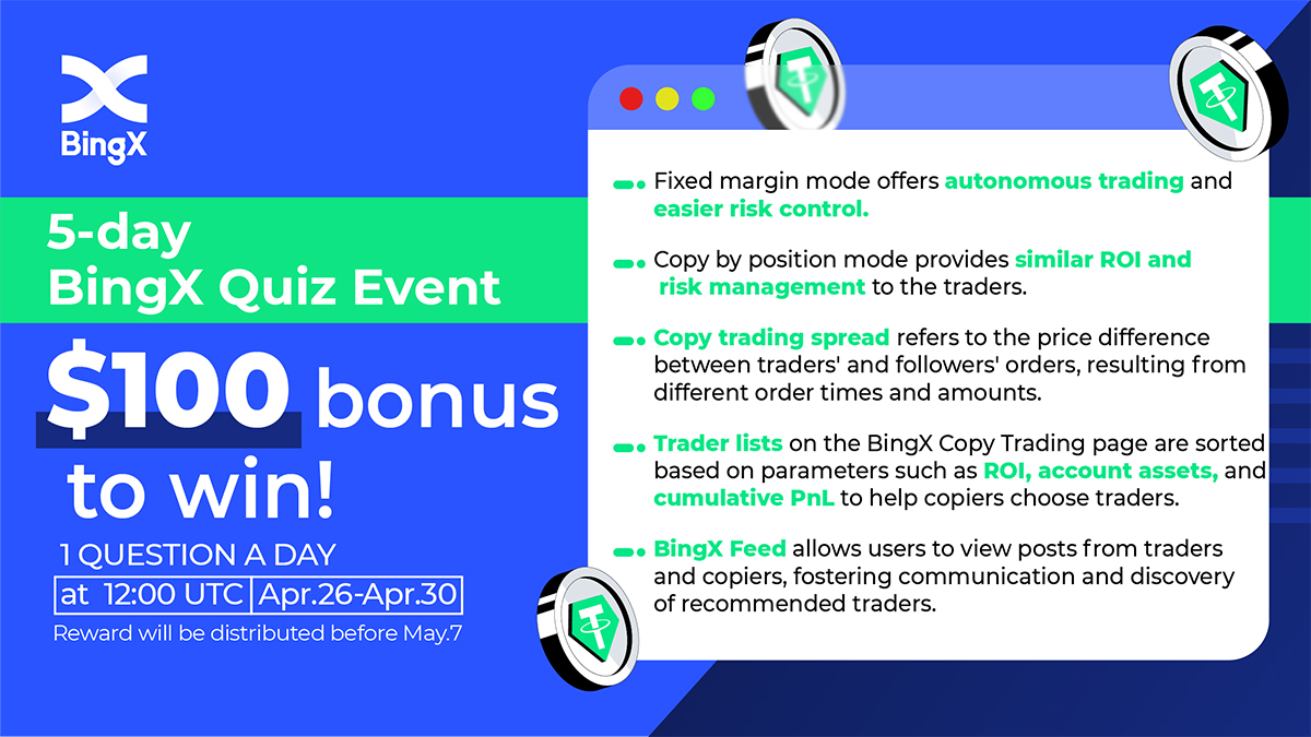 BingXOfficial's tweet photo. 👉1 question each day at 12:00 UTC ,Apr.26 – Apr.30
💡1 lucky winner will be randomly selected every next day.

✅How to win:
1. RT &amp; Like this post 
2. Send your answer as #QUIZ0426 + Option in TG group👉https://t.co/tWpDueO4G7 
For example: #QUIZ0426 D
👇Quiz Review👇 https://t.co/G7unY664j2
